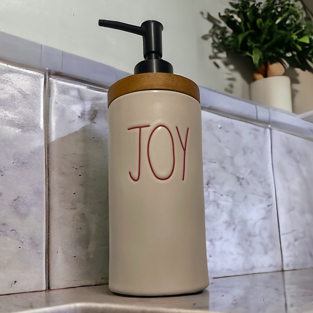 Rae Dunn Magenta Red LL JOY White Ceramic Bath Soap Pump Dispenser Wood Top